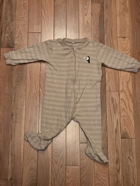 Pekkle 6M Beige Striped Penguin Pajamas Sleeper Zip Up One-Piece Footed